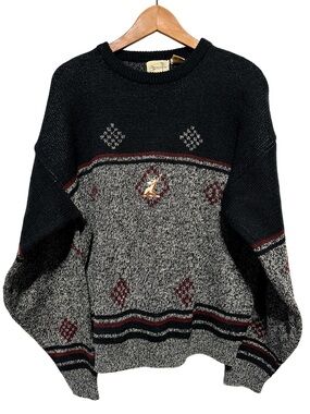 Vintage 90s TELEGRAPH Deer Embroidered Marled Knit Grandpa Grunge Cabin Sweater